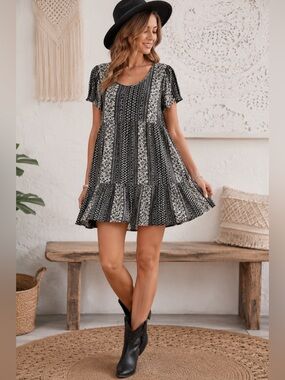 Knox Rose Black & White Boho Peasant Dress Small Rayon Tiered Mini Size Small